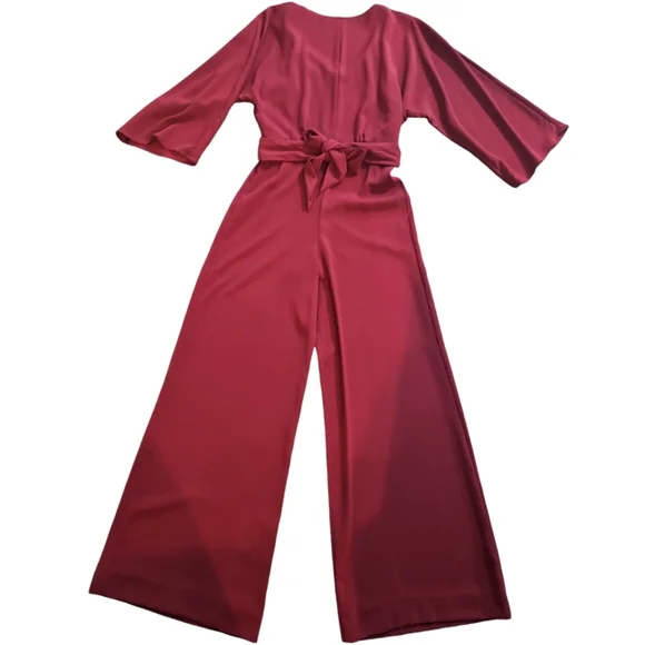 Gianni Bini Wide Leg Belted Jumpsuit Burgundy Red 3/4 Sleeve Size 2 - Picture 4 of 11